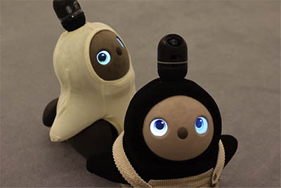 Two cute, brown robots with blue eyes. One is looking directly at the viewer, the other is looking sideways into the distance.