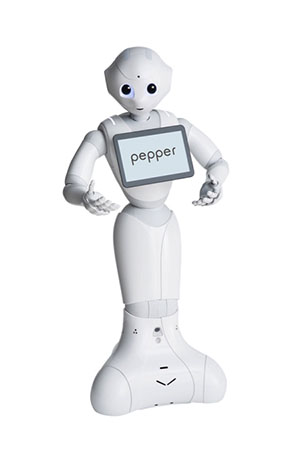 Thin, white, robot with some human features with its arms outstretched. The robot has a screen on its chest that says "pepper."