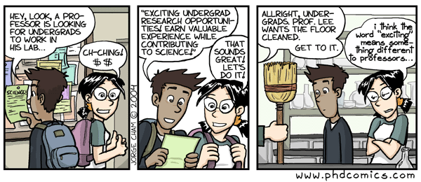 Three panel comic of two undergraduate students (M & F) talking. Panel 1: (M) Hey, look, a professor is looking for undergrads to workin in his lab... (F) Ch-ching! $$. Panel 2: (M) "Exciting undergrad research opportunities! Earn valuable experience while contributing to science!" (F) That sounds great! Let's do it! Panel 3: (Hand holding broom) All right undergrads, Prof. Lee wants the floor cleaned. Get to it. (F) I think the word "exciting" means something different to professors...