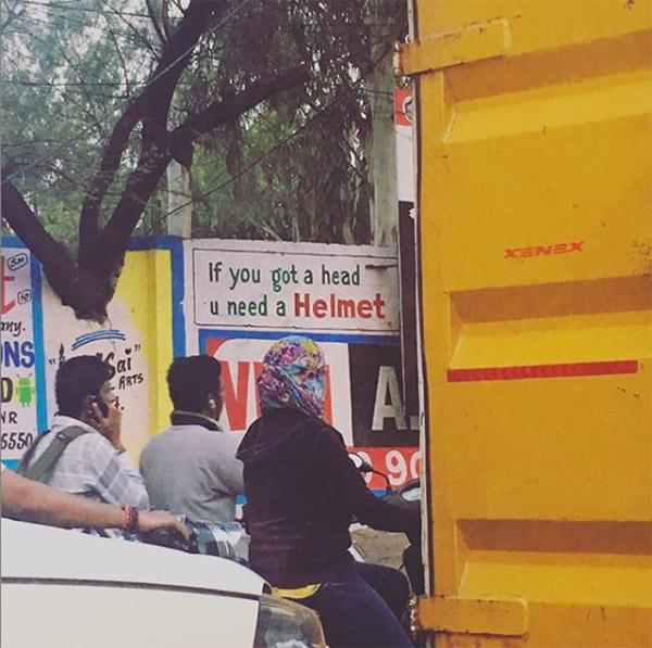 Photographs of three riders without helmets with a sign behind them reading "if you got a head u need a helmet".