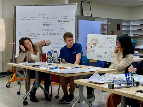 Three people sitting at a table discussing. Whiteboards and markers are on the table and behind them.