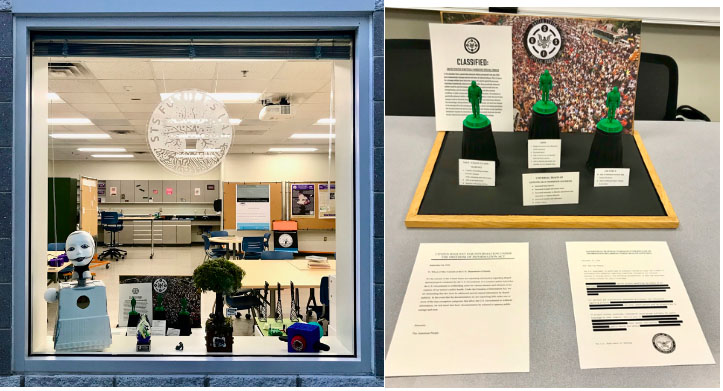 Two photographs. The left is of a window with the logo etched into it a lab can be seen through it. The right is of a display with a document in front of it.