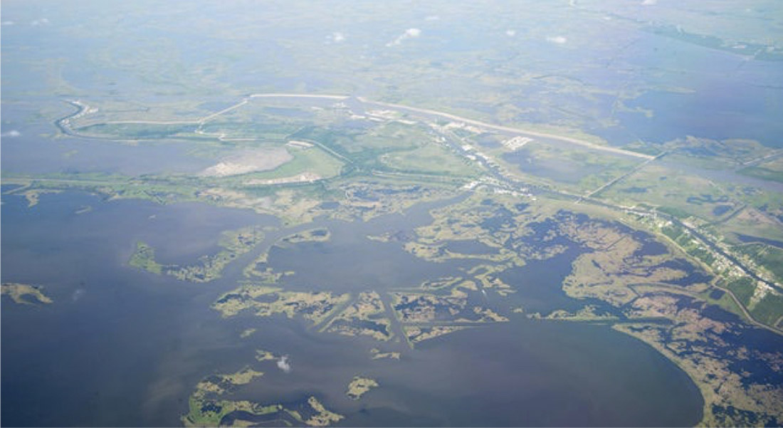 Aerial photograph of eroding southern  Louisiana wetlands, Plaquemines Parish