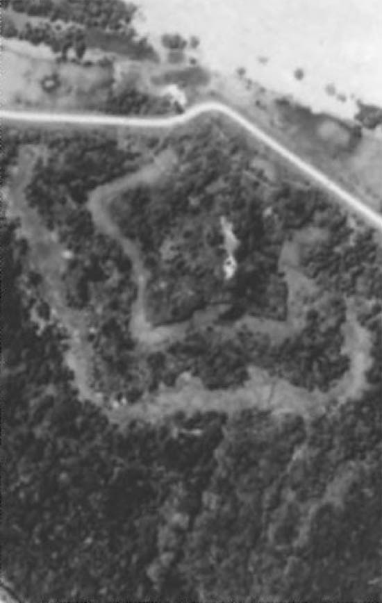 Army Corps of Engineers Black and white archival aerial photograph of Fort Jackson, circa 1935.