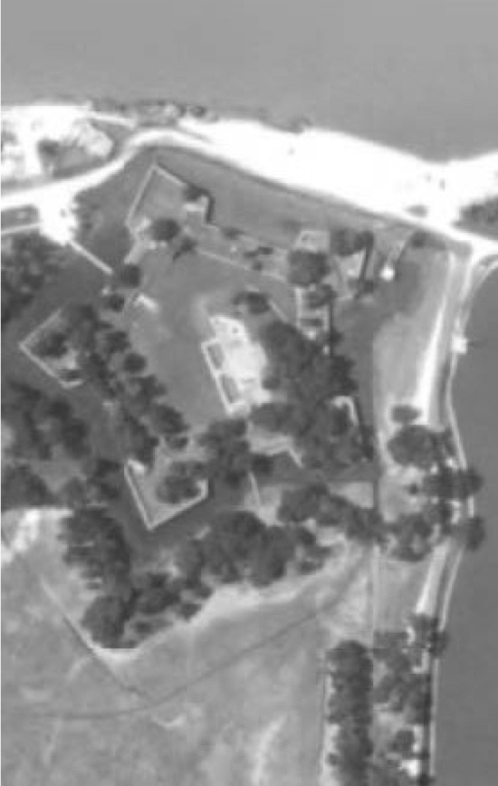 Army Corps of Engineers Black and white archival aerial photograph of Fort Jackson, circa 1974 showing the extent of erosion since the last photograph.