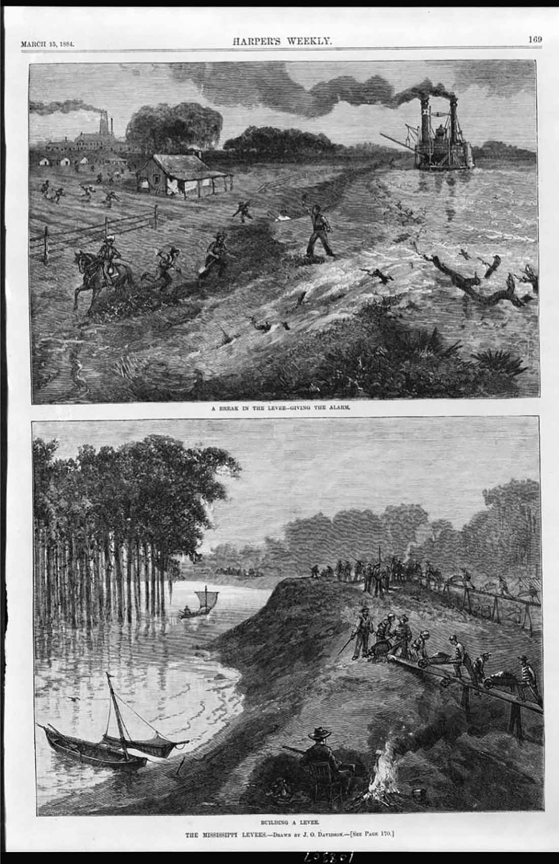 Black and white illustration (top) possibly of the the 1882 Mississippi River flood which cost more than 20,000 people their homes, (bottom) Prison laborers, likely African-American, are forced to rebuild a levee along the Mississippi River, an overseer with a shot gun is seen in the foreground from Harper’s Weekly, 1884.