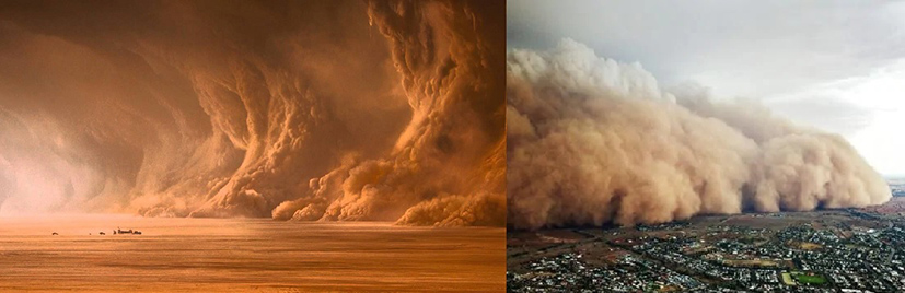 side by side photo of dust storm from the film Mad Max: Fury Road and 2020 fires in Australia