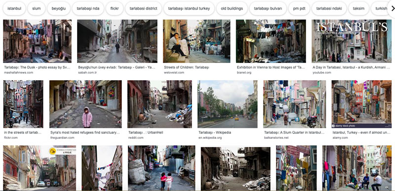 This is a screenshot of a Google Image search of Tarlabaşı. This screenshot has 17 images that feature clean laundry drying outside on clothes lines in between houses, colorful buildings, people sitting on staircases and walking down the street, garbage, among other objects.
