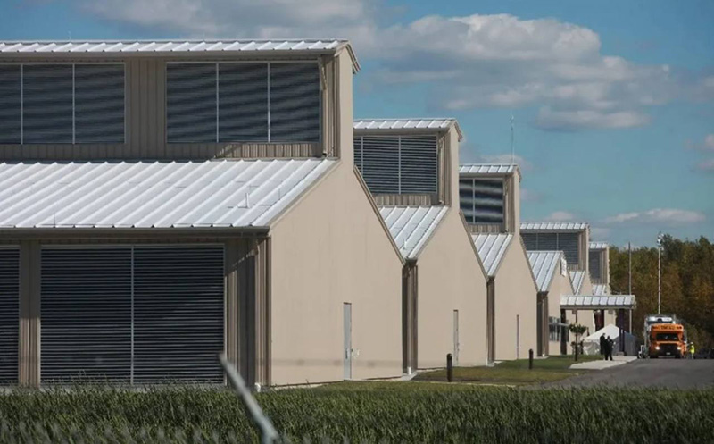 Color photo of an exterior view of Yahoo's chicken coop-inspired data center.