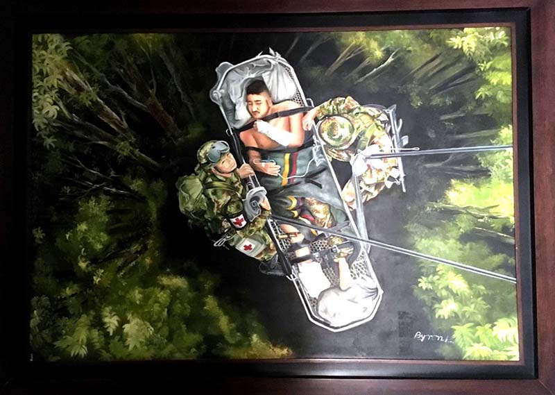Painting of a person strapped into a gurney to be airlifted from a forest. Two soldiers stand on either side.