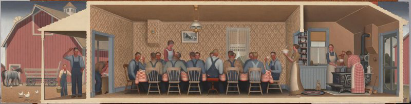 1934 painting by Grant Wood showing an idealized interior where Midwestern agricultural workers are eating dinner.