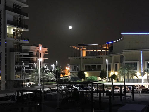 Photograph of buildings at night. A full moon is in the sky.
