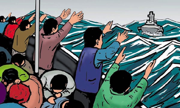 A drawing show a boat full of migrants on a stormy sea