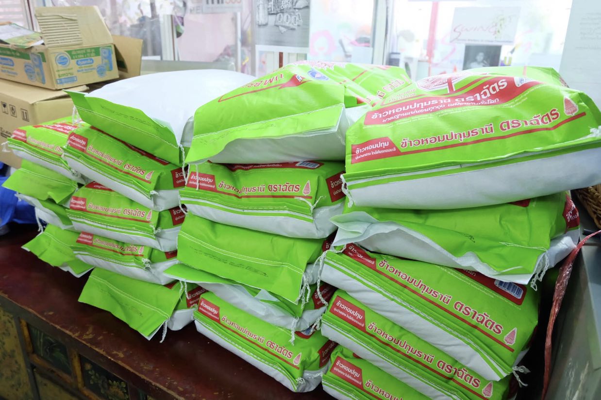 Bags of rice sit upon a desk in a SWING office. Service Workers in Group, a community-based organization for sex workers formerly at the fore of PrEP promotion within these communities now runs an extensive food bank and food distribution operation. Photo Credit: SWING Organization.