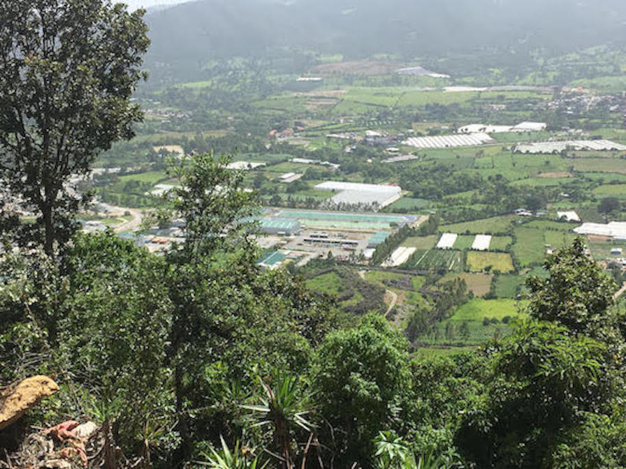 A picture of the the surface installation of the Escobal Mine in San Rafael Las Flores. Photo taken from above overlooking a green valley divided by plots.