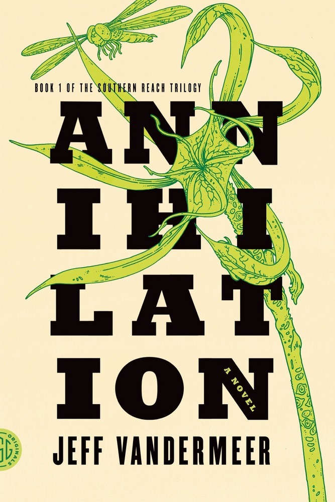 Светло желтая обложка книги "Аннигиляция" Джефа Вандермеера. Название книги, разбитое на четыре строчки по три черные буквы в каждой, переплетено с зеленым растением