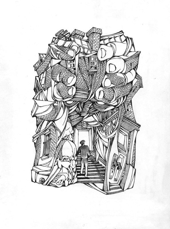 A surrealist drawing of a person walking up the stairs to enter a door into a building. This building is made of an entanglement of fingers holding the building, with windows, brick walls, the roof, chimneys, and a human face. 