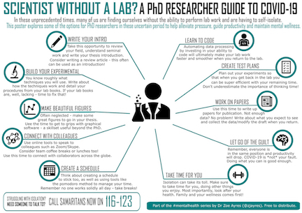 A graphic titled "Scientist without a lab? A PhD researcher guide to Covid-19" shows many possibilities for productive work extending out from a simple icon representing a scientist. The possibilities include making figures, learning to code, and writing papers.