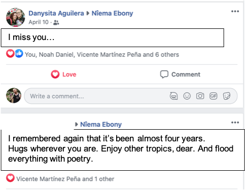 Two Facebook posts. The first reads, "I miss you." The second reads, "I remembered again that it’s been almos four years. Hugs wherever you are. Enjoy other tropics, dear. And flood everything with poetry."