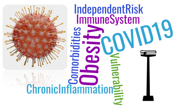 An image of coronavirus with a word cloud and a physician scale. The word cloud includes the following words: Chronic Inflammation, Comorbidities, Obesity, Independent Risk, Immune System, COVID19, Vulnerability