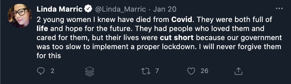 A screenshot of user Linda Marric's tweet from January 20 2021. Text available in footnote 2