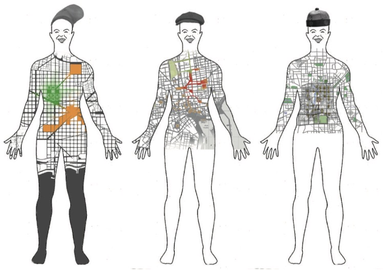 Three figures of humans side by side. Each figure wears a different hat. Inside the body contour of each figure one can see urban maps with different places highlighted or colored. 