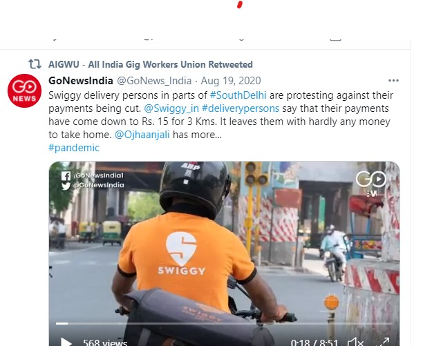 Screenshot of tweet about strike by Swiggy delivery worker. Image contains delivery worker on motorcycle. Transcription of text in footnote number 1