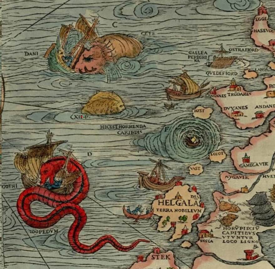 A restored section of Swedish Archbishop, writer, and cartographer Olaus Magnus' map of Scandanavia. The map features red buildings dotting the land, a ship caught in a whirlpool, and a sea serpent attacking a ship, among other mythical land and sea creatures.