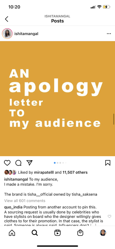 Screenshot of Instagram post by Ishita set against yellow background with white text that says" An apology letter to my audience" with black text underneath of caption and comments. 