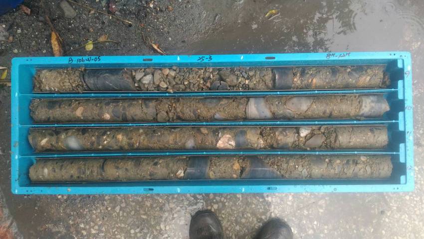 A case containing four columns of sediment, each a sample obtained by the "coring" technique.