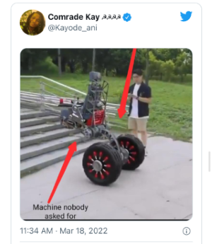 screenshot of tweet by @Kayode_ani of a stair climbing wheelchair labled "machine nobody asked for"