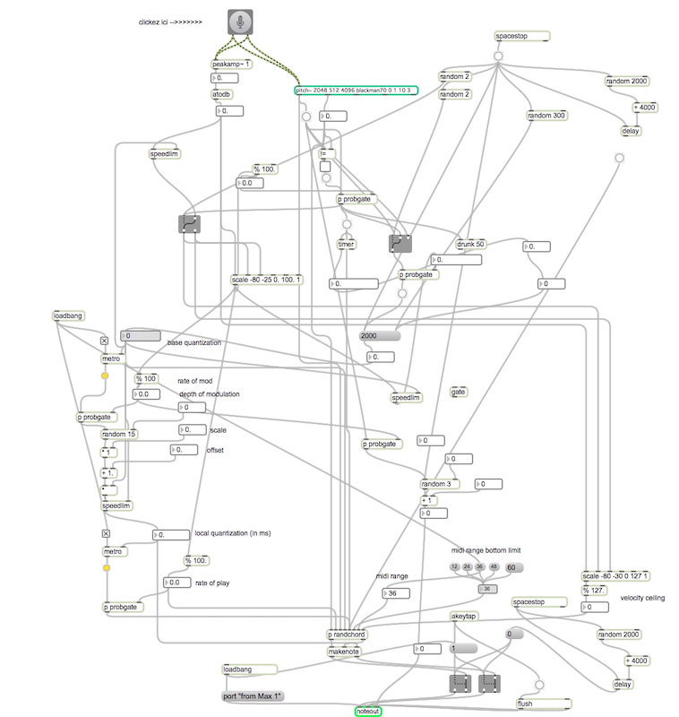 This is an image of Maxine's main patch as it would appear in the Max/MSP programming environment