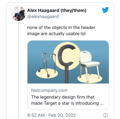 screenshot of tweet by @alexhaagaard "none of the objects in the header image are actually usable lol" with link to article on Fast Company about new adaptive equipment designs.