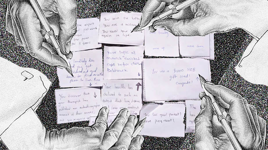 A black-and-white drawing collage that shows four hands writing something on cards.