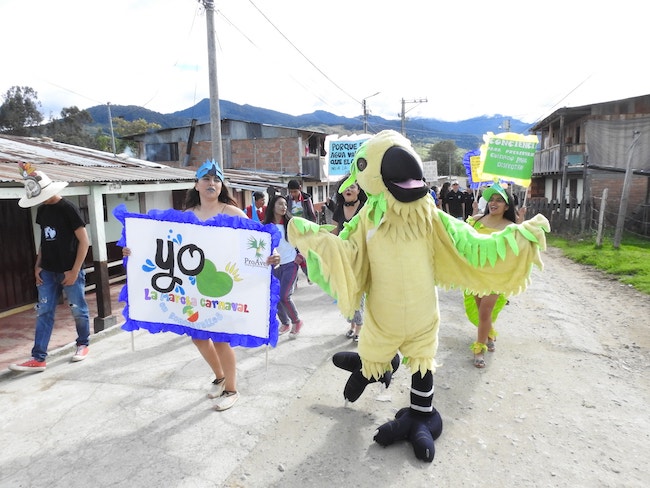 Person in bird costume during demonstration