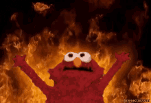 a red muppet with raised arms surrounded by flames