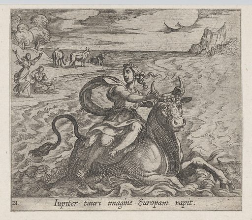A 1606 painting by Ovid, titled 'Metamorphoses', depicting the rape of Europa by Zeus