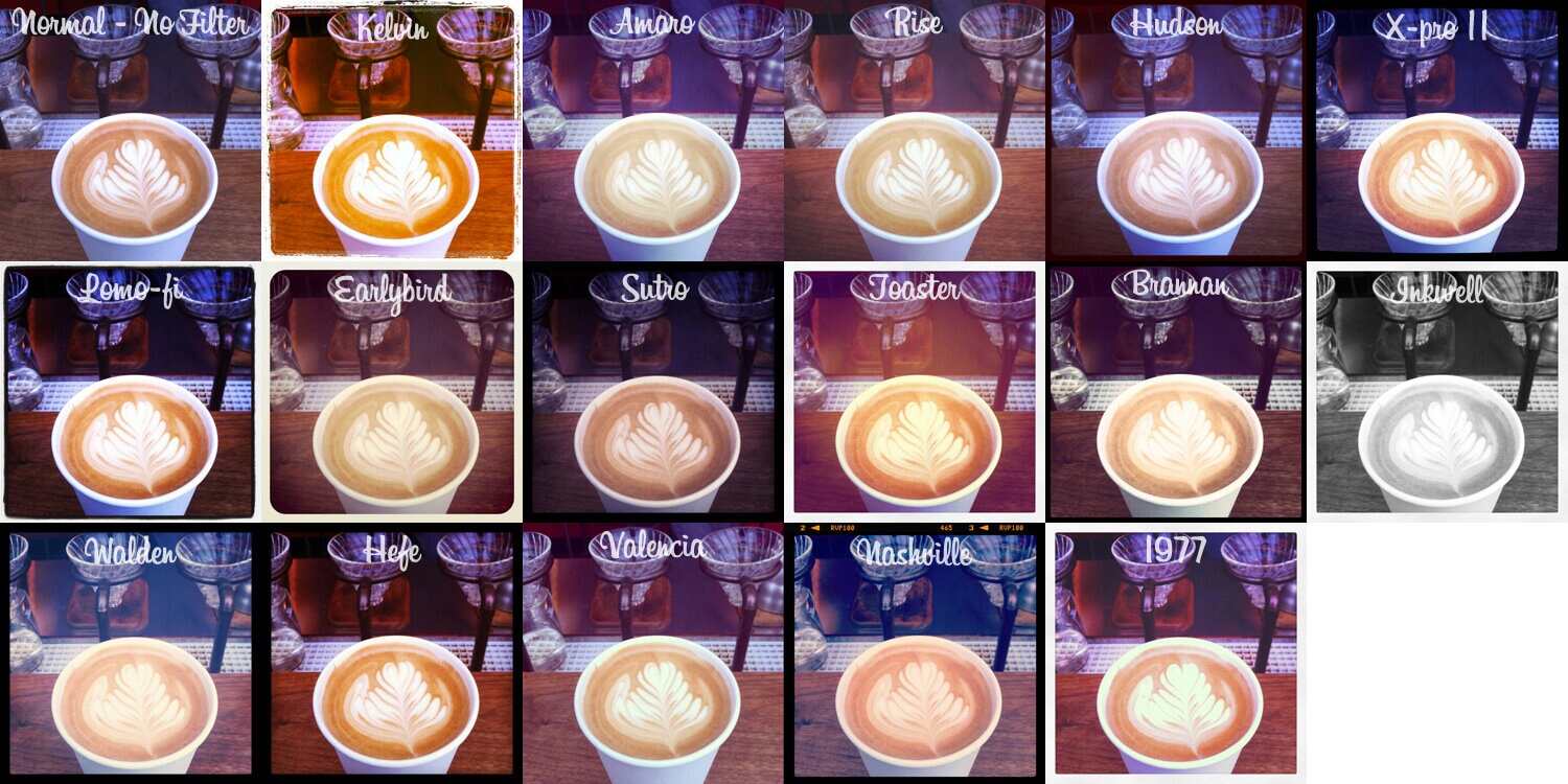 A collage containing 17 images, each a picture of the same cup of coffee. The first image in the series is the original photo, titled "Normal - no filters," and each subsequent image demonstrates what the cup of coffee will look like when a different filter is applied.