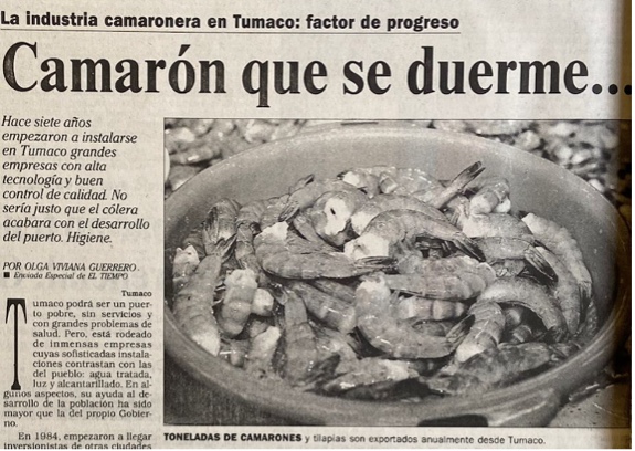 A picture of a newspaper reporting on a shrimp farm in Colombia 