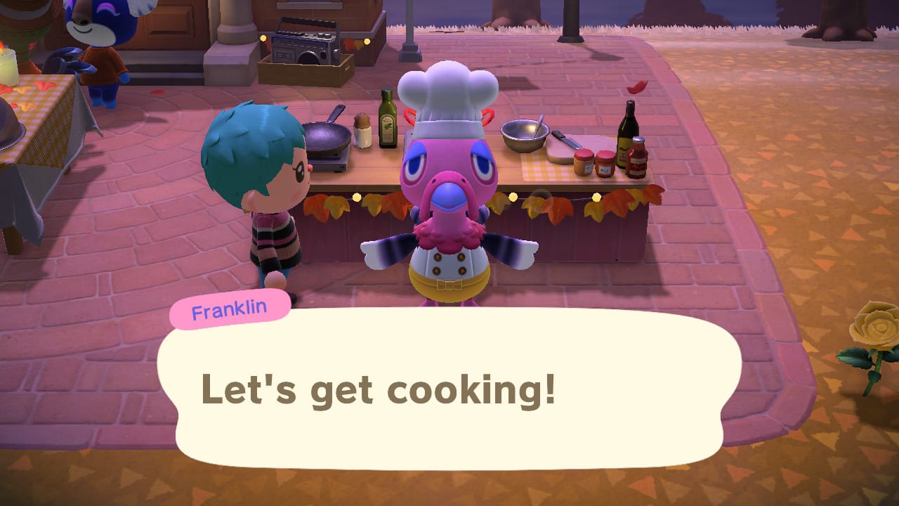 A screenshot of Animal Crossing" New Horizon shows a player's character next to the Turkey Day chef Franklin, who is also a turkey.
