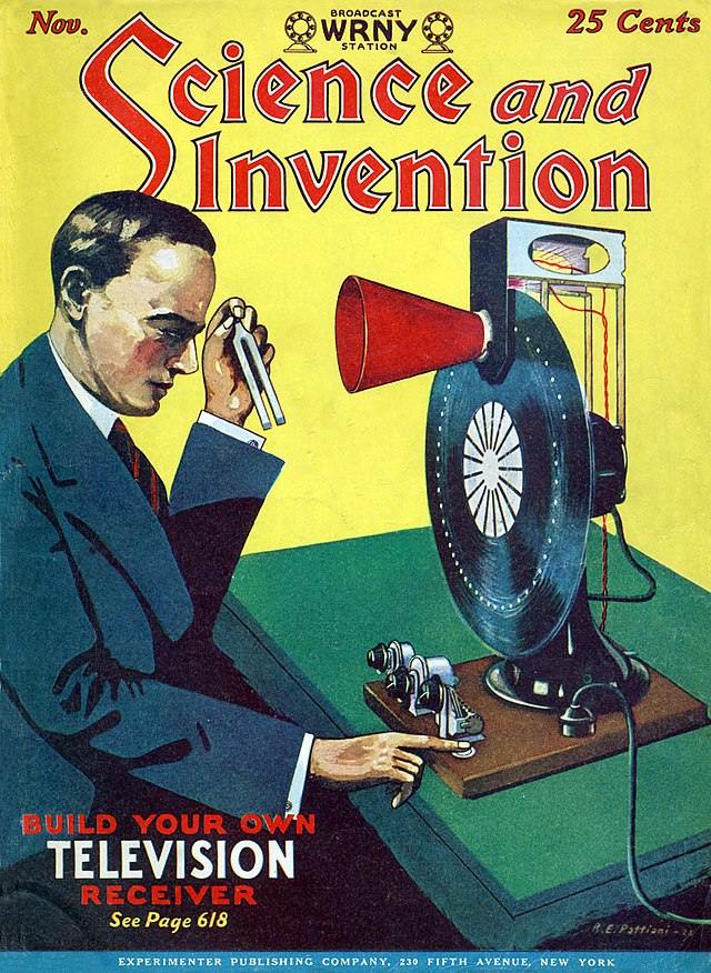 Cover of a publication by the Experimenter Publishing Company, with the title written in red, "Science and Invention." An illustration of a light-skinned man wearing a blue suit appears below the title text, with the words "Build Your Own Television Receiver." The man appears to be working on a set of equipment that he will use to build his own television receiver.