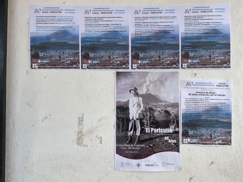 Flyers commemorating the Paricutin’s 80th anniversary posted on the wall of the municipal office in Angahuan. 