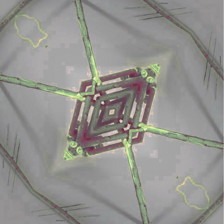 One angle of the trap is featured in this image, where there is a geometrical shape appearing in the center in purple, against a grey background. There are electric green lines going in and out of the geometrical shape.