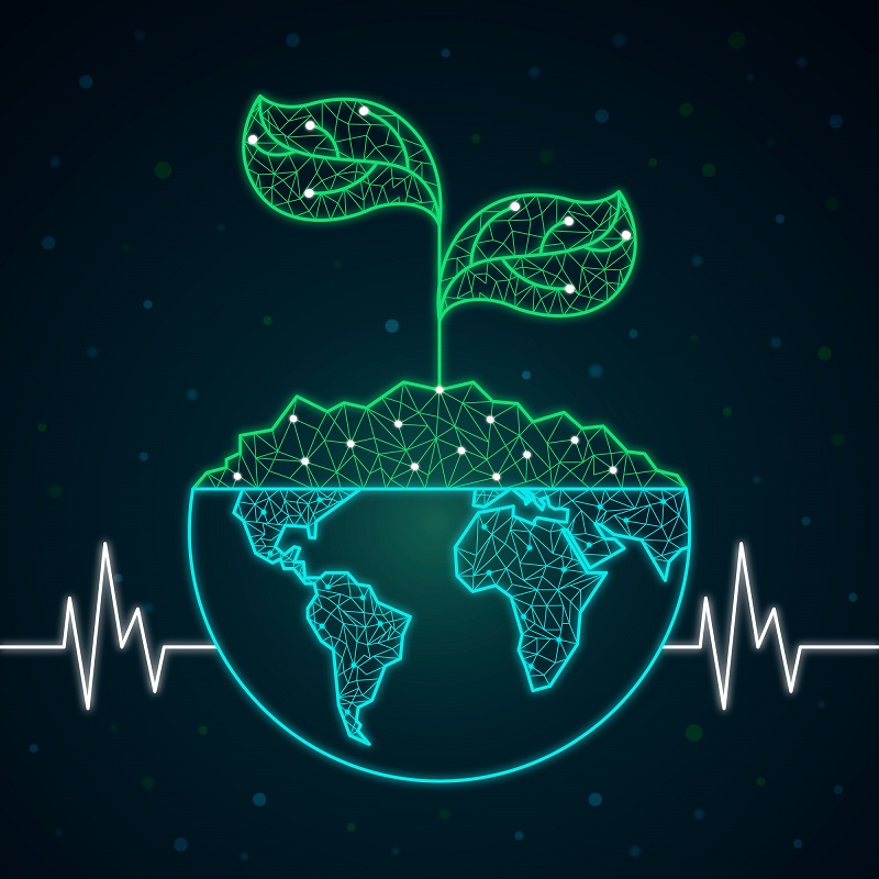 A graphic of the bottom half of Earth, made with blue lines, with Southern Hemisphere continents visible. The top half is a pile of soil and two leaves emerging out of the top, in green lines. An EKG pulse reading is in the background.