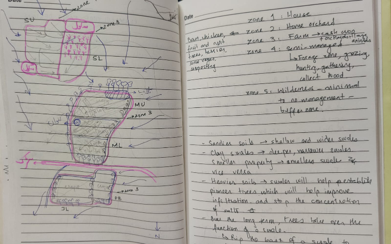 The image shows two pages from a notebook with drawings on one page and writing on the other page. The drawings outline irregular shapes in pink, with several number markings in black. The second page shows notes written in English with a black pen.