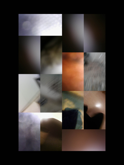 A collage of many photos, mostly of uncertain content. There are white-grey, brownish orange and some greens dominating the smaller square images which make up this collage. Could these small photos have been accidents?