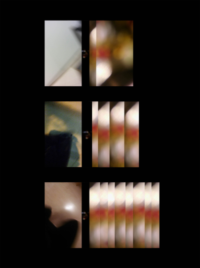 In this final image collage, most photos are arranged vertically as only small lines of color. Together they form a pattern of orange slashes. Again, brown and greens and now light peach make up the majority. A photo near the bottom might be of legs and feet.