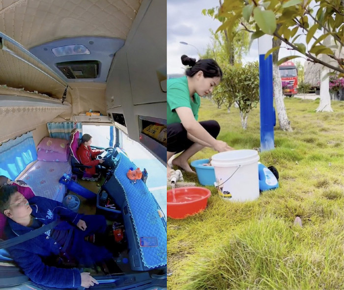 Left image: fish-eye view inside a truck cab. A woman is driving the truck and a man sits in the passenger seat. An oxygen tank sits between them. Right image: A woman squats on grass outside while washing clothing in a white bucket. A red truck is visible parked in the distance.
