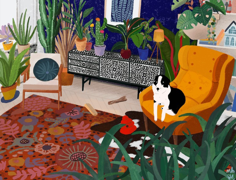 A richly colored, slightly impressionistic illustration shows a medium-sized black and white dog sitting on a mustard wingback armchair, with various types of plants in the foreground and background. A rug with red, pink, and blue hues covers most of the floor. A black-and-white intricately patterned sideboard is next to the armchair against the deep blue wall.