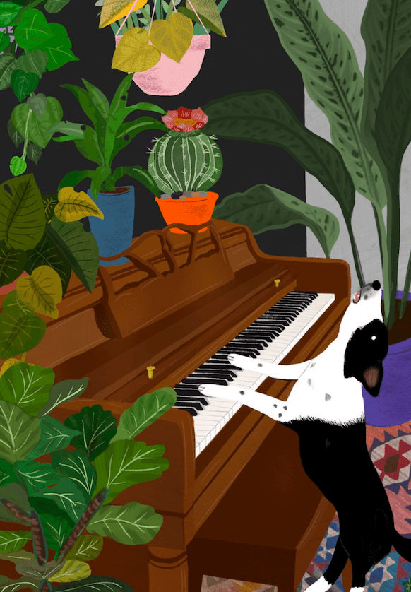 Frank the dog plays a standup wooden piano while howling. Luscious plants overflow around and on top of the piano.